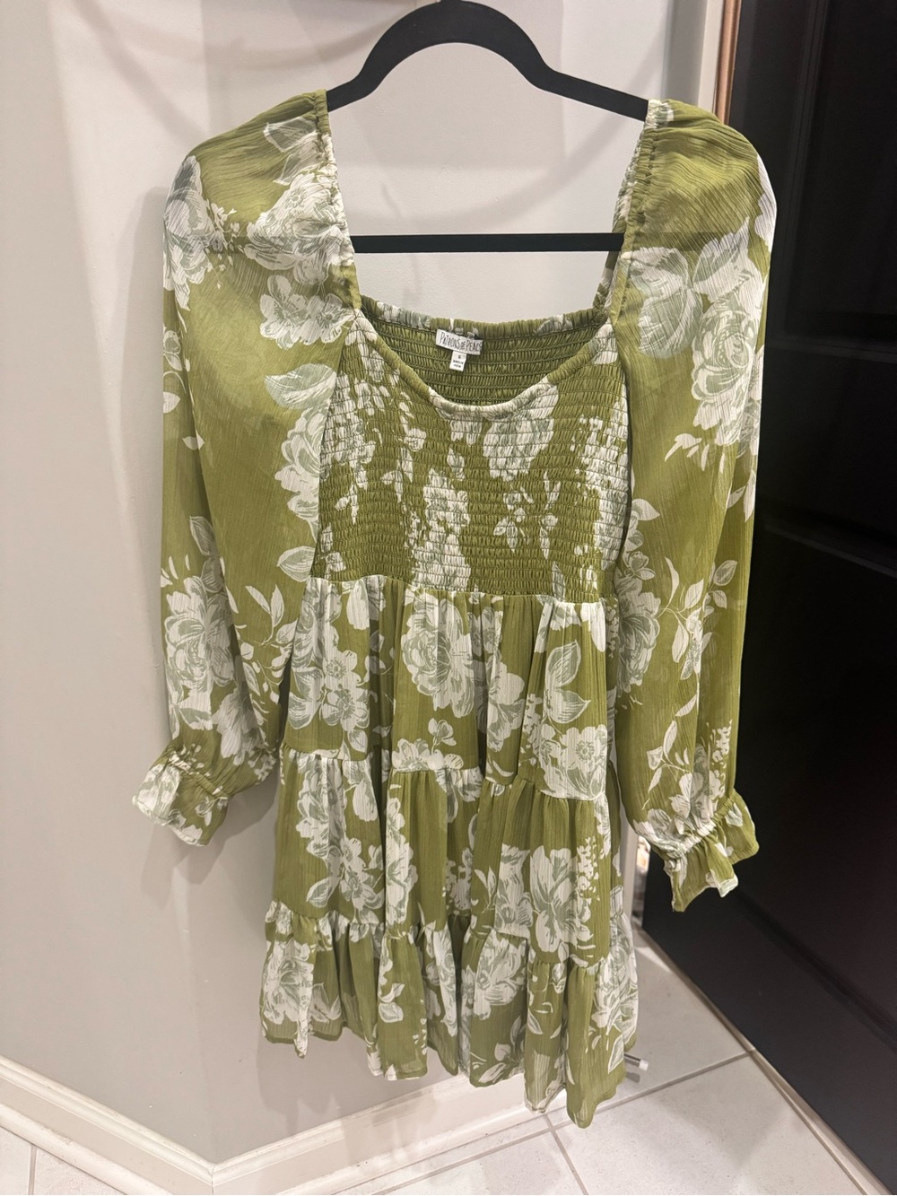 Patrons of Peace Olive Green Floral Smocked Tiered Dress